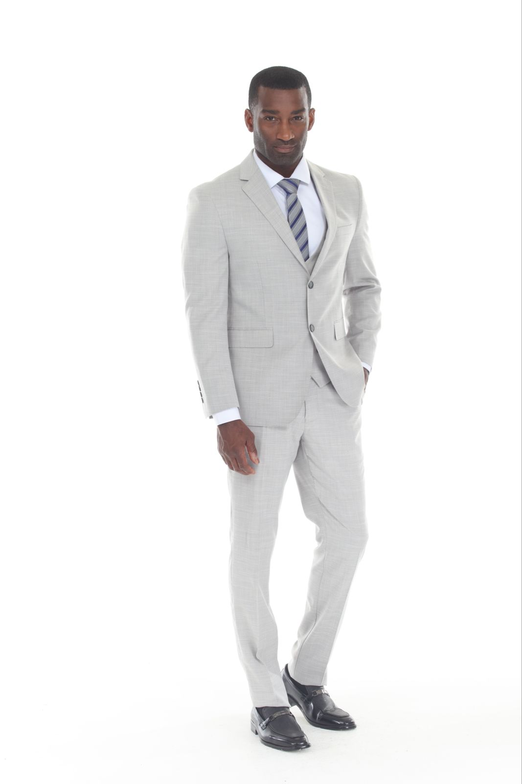 Check out new 3 pieces Slim Fit Silver Suit Jacket, Double Breast Vest, Expandable Pants active 2 way Stretch Fabric