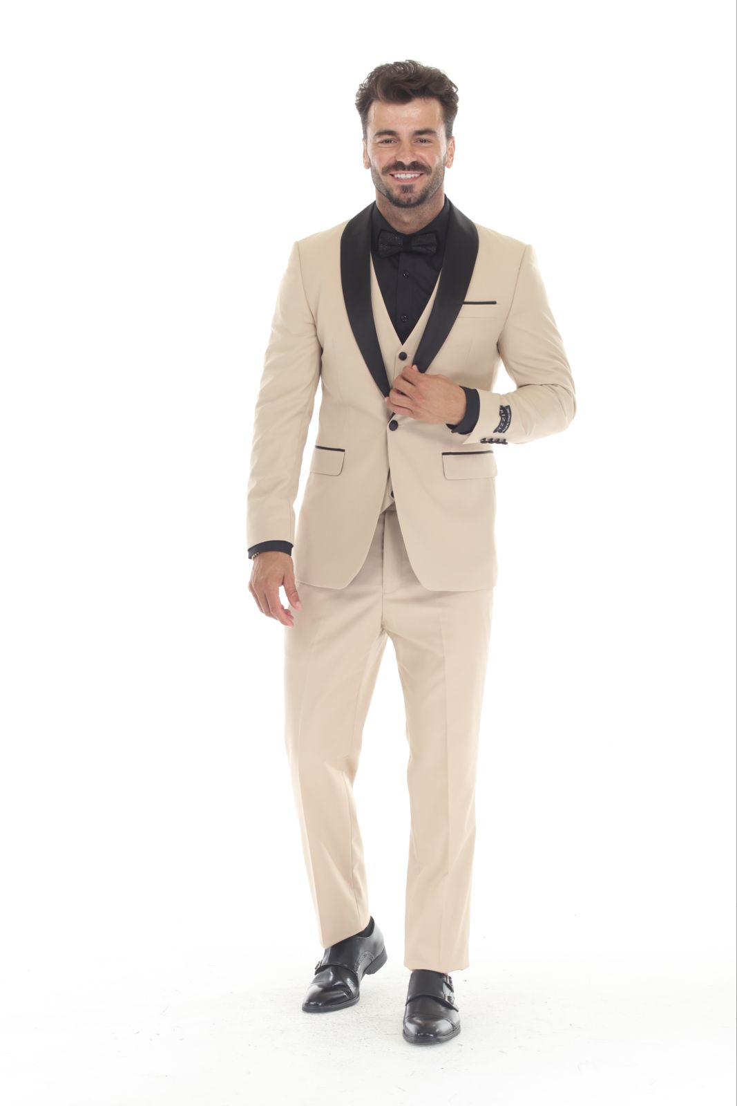 Check out new 3 pieces Slim Fit Tan Shawl lapel Tuxedo