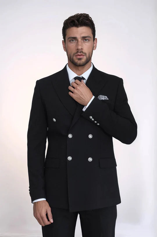 Modern Fit Double-Breasted Navy Men’s Suit with Silver-Tone Metal Buttons
