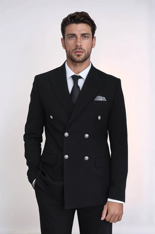 Modern Fit Double-Breasted Navy Men’s Suit with Silver-Tone Metal Buttons