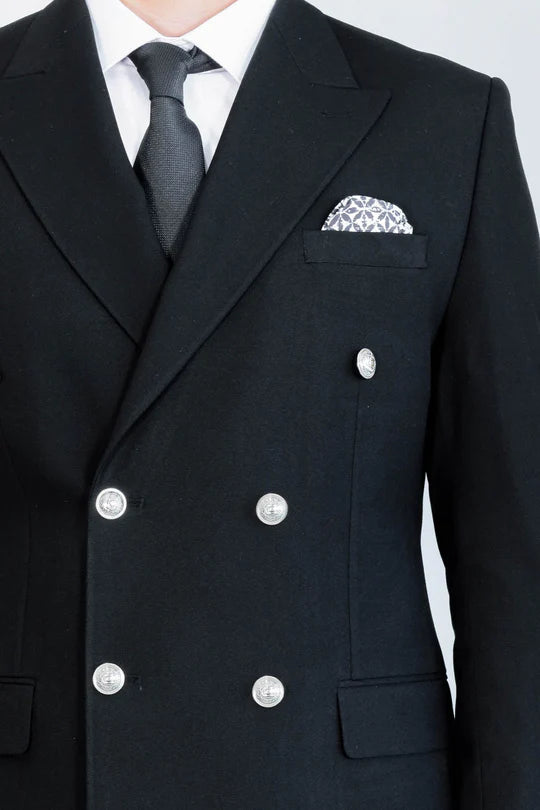 Modern Fit Double-Breasted Black Men’s Suit with Silver-Tone Metal Buttons