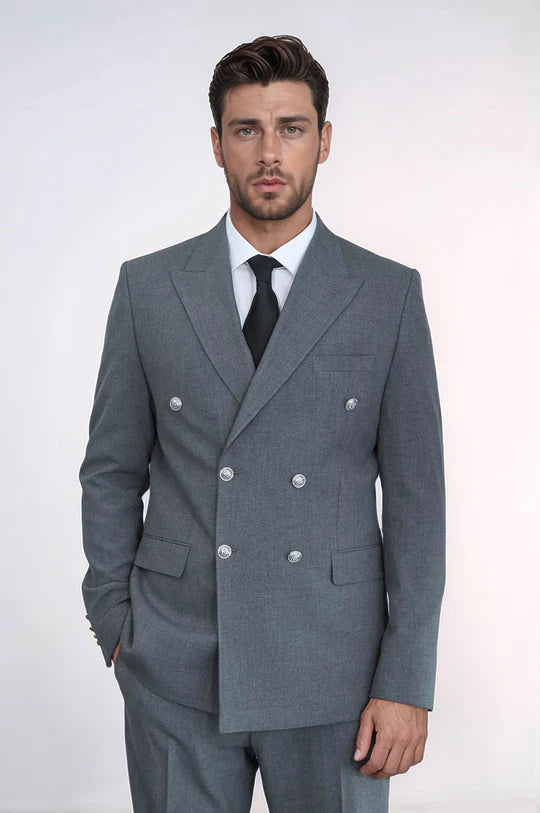 Modern Fit Double-Breasted Grey Men’s Suit with Silver-Tone Metal Buttons