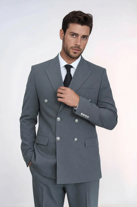 Modern Fit Double-Breasted Grey Men’s Suit with Silver-Tone Metal Buttons