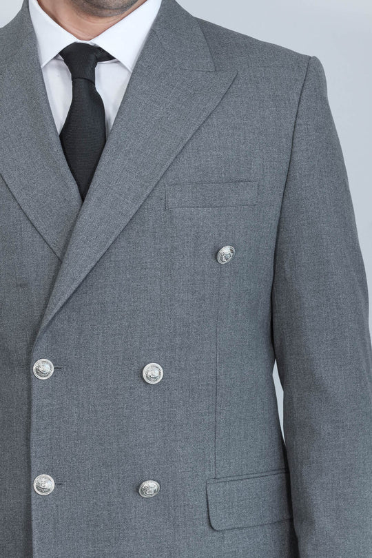 Modern Fit Double-Breasted Grey Men’s Suit with Silver-Tone Metal Buttons