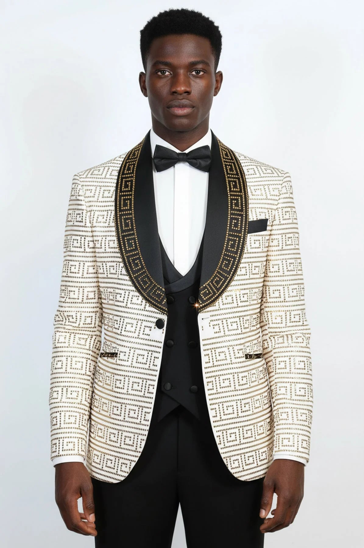 White Gold Greek Key Rhinestone Shawl Lapel Tuxedo Suit – Wessi TT-7004-70