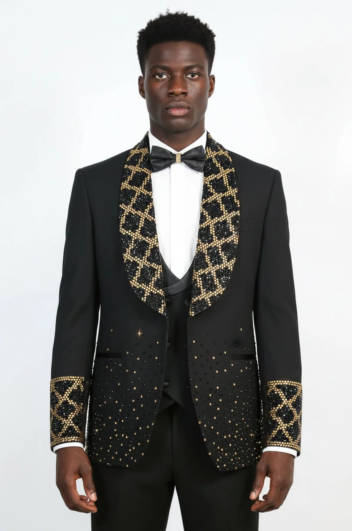 Men's Black Shawl Lapel 3-Piece Tuxedo Suit with Gold Honeycomb Rhinestone Pattern - Wessi TT-7012-10