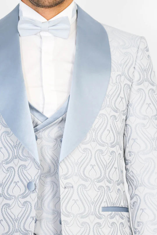 Wavy Patterned Shawl Collar Vested Ice Blue Tuxedo .
